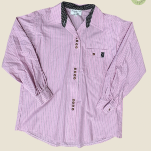 #101 – Soft pink cotton shirt with fine white and black vertical stripes, featuring bla