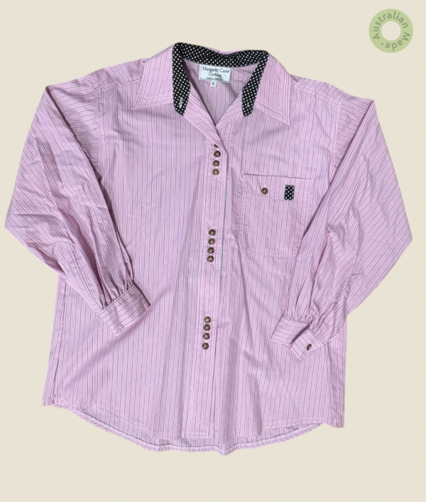 #101 – Soft pink cotton shirt with fine white and black vertical stripes, featuring bla