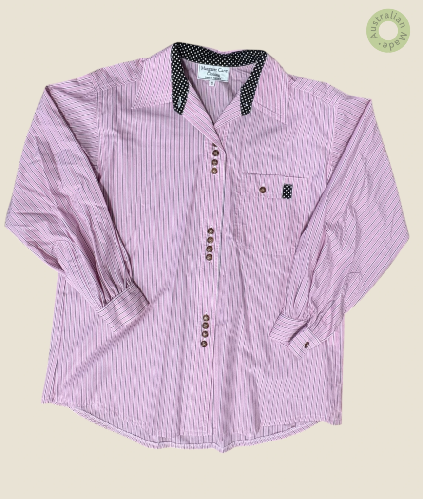 #101 – Soft pink cotton shirt with fine white and black vertical stripes, featuring bla
