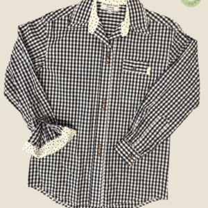#102 – Black and white gingham cotton shirt, featuring contrast white fabric with black