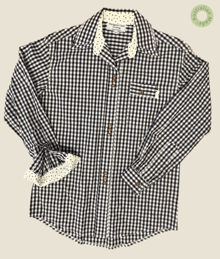 #102 – Black and white gingham cotton shirt, featuring contrast white fabric with black