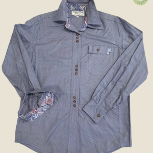 #103 – Dark Lilac cotton shirt with fine purple micro-polka dots, featuring contrast on