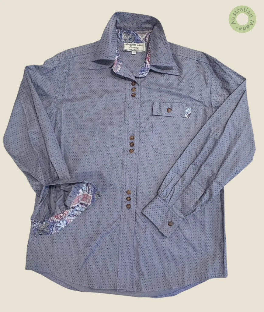 #103 – Dark Lilac cotton shirt with fine purple micro-polka dots, featuring contrast on