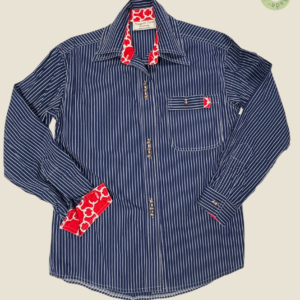 #104 – Navy cotton shirt with fine white vertical stripes, featuring bold red contrast