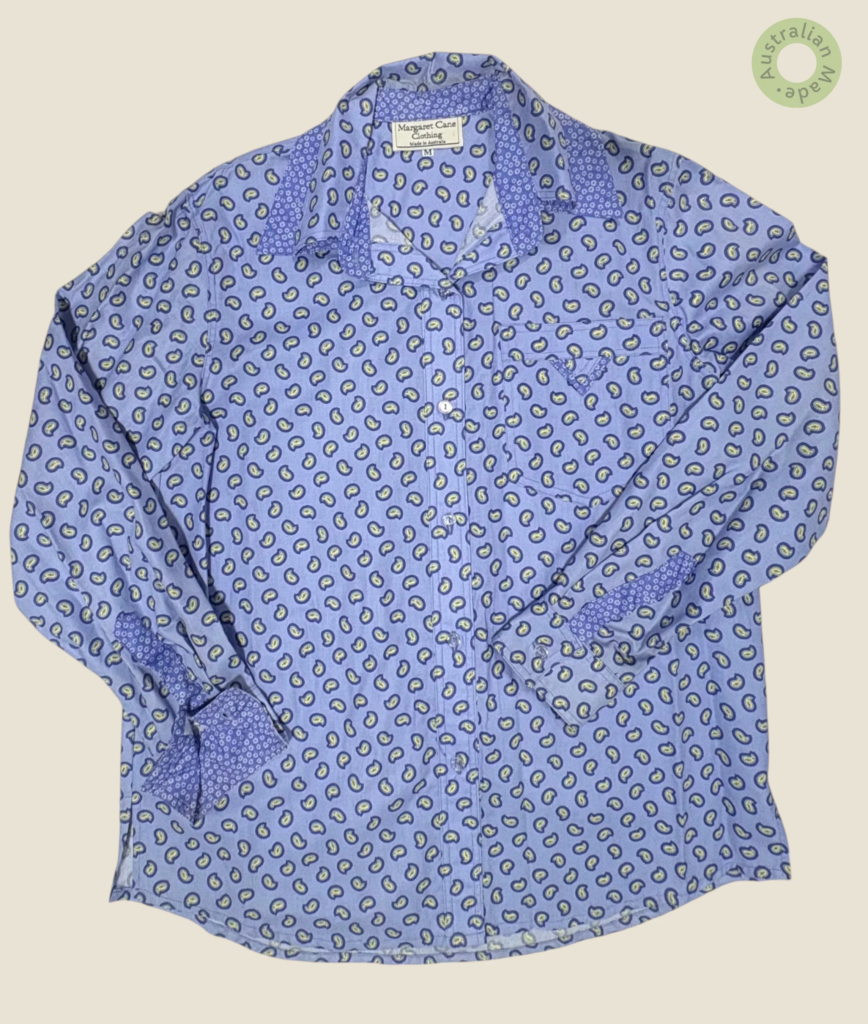 #105 – Violet cotton shirt with all-over small paisley print in purple and soft yellow