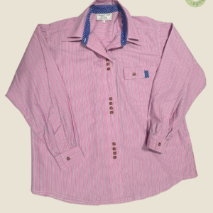 #106 – Soft Bubble Gum cotton shirt with fine blue & white vertical stripes for body an