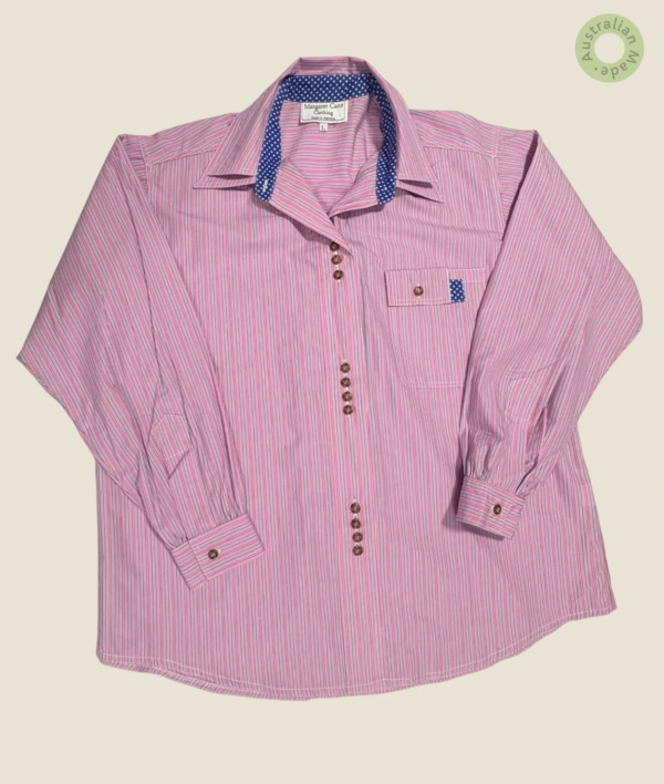 #106 – Soft Bubble Gum cotton shirt with fine blue & white vertical stripes for body an
