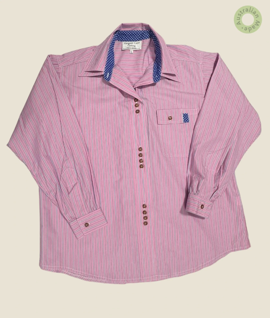 #106 – Soft Bubble Gum cotton shirt with fine blue & white vertical stripes for body an