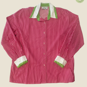 #201 – Dark Pink and white sthin stripes base, White for cuffs and collar. Lime green w