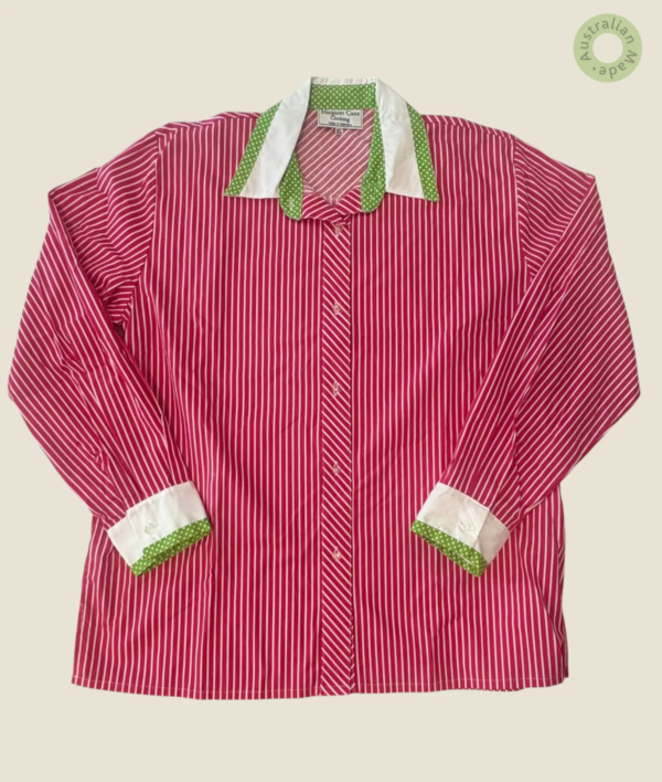 #201 – Dark Pink and white sthin stripes base, White for cuffs and collar. Lime green w