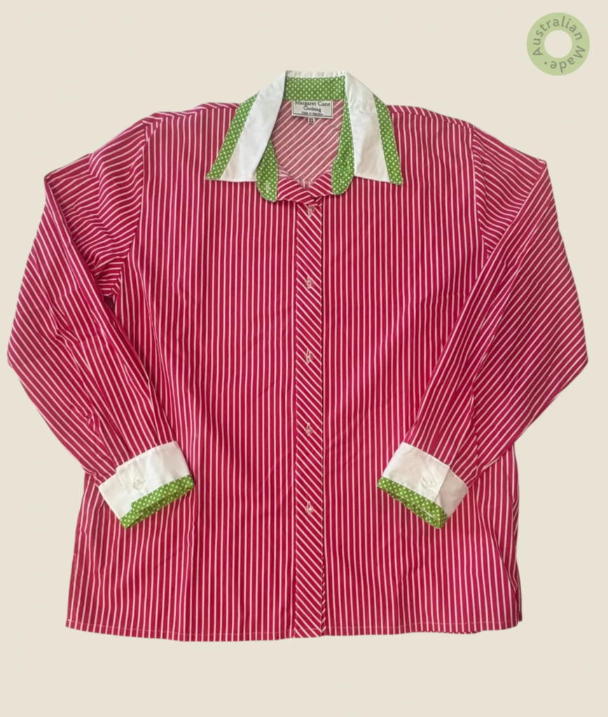 #201 – Dark Pink and white sthin stripes base, White for cuffs and collar. Lime green w