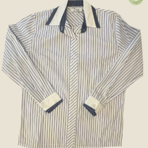 #202 – White and thin navy stripes, White for cuffs and collar. Navy with white micro p