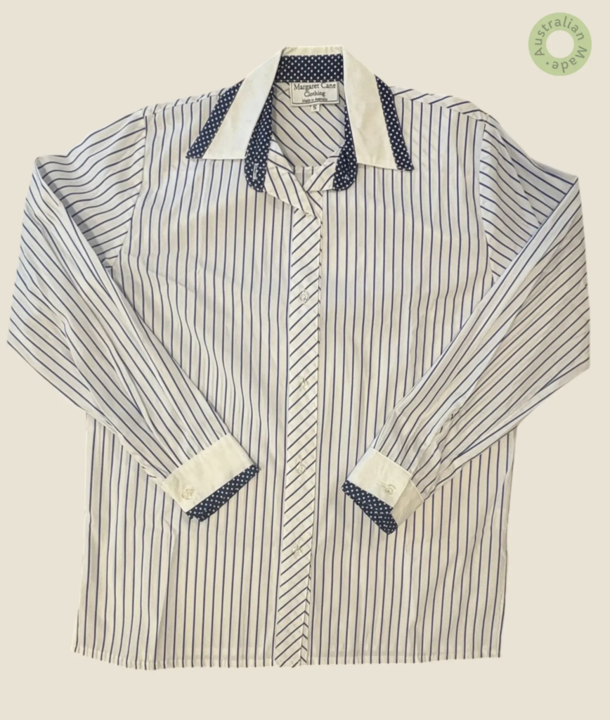 #202 – White and thin navy stripes, White for cuffs and collar. Navy with white micro p