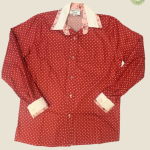 #203 – Terraacota Red with small white polka dots, White for cuffs and collar. Soft pin