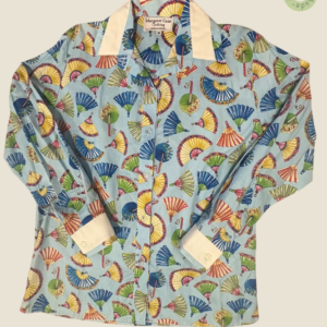#204 – Light blue and multi colour fan printed for body, trims in cuffs,collar and inne