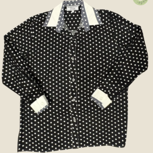 #205 – Black base shirt with all-over small white polka dot print, complemented by cris