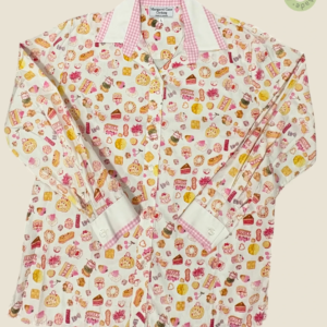 #207 – White base shirt with an all-over multi-coloured illustrated sweets and pastry p