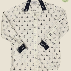 #208 – White base shirt featuring an all-over navy anchor and dot print. Complemented b