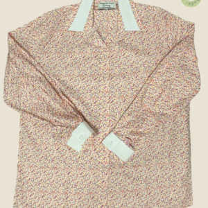 #209 – Cream base shirt featuring an all-over ditsy floral print in shades of pink, pur