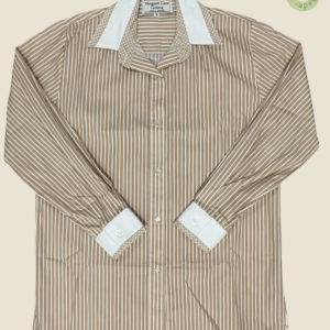 #210 – Beige and white vertical striped shirt, complemented by solid white contrast col