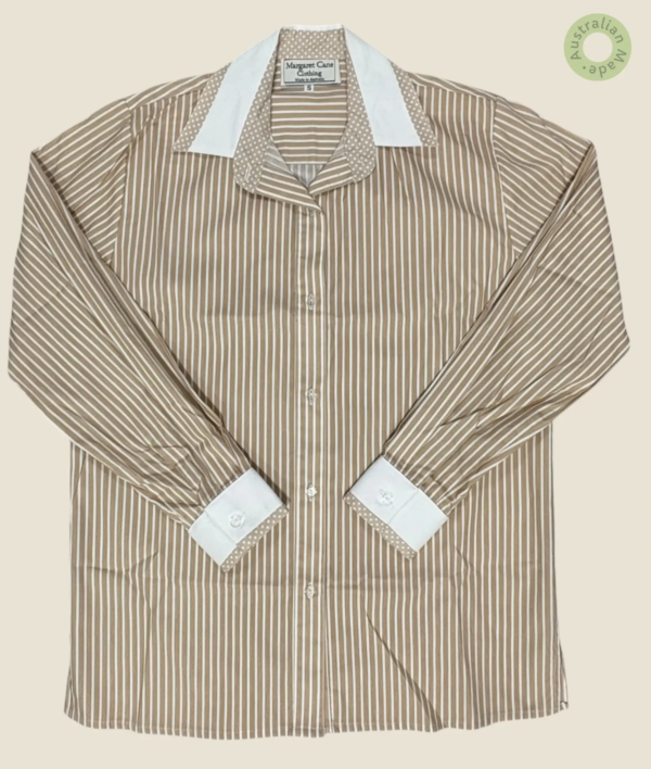 #210 – Beige and white vertical striped shirt, complemented by solid white contrast col