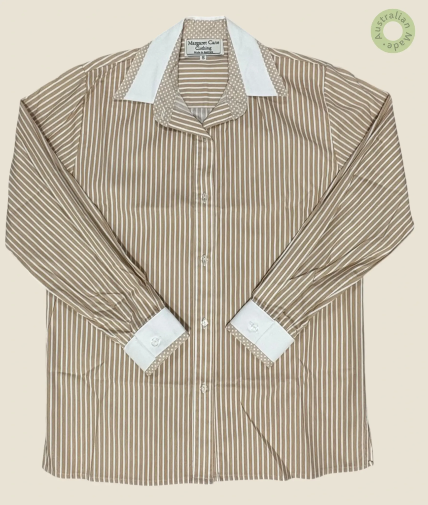 #210 – Beige and white vertical striped shirt, complemented by solid white contrast col