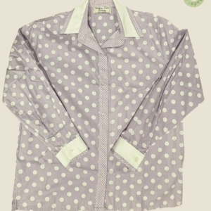 #211 – Lavender base shirt with an all-over white polka dot print, featuring a contrast