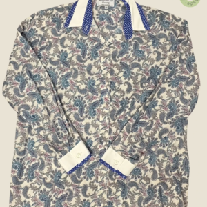 #212 – Cream base shirt featuring an all-over intricate paisley print in shades of blue