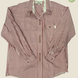 #130 – Burgundy and white vertical striped shirt featuring a contrast white inner colla