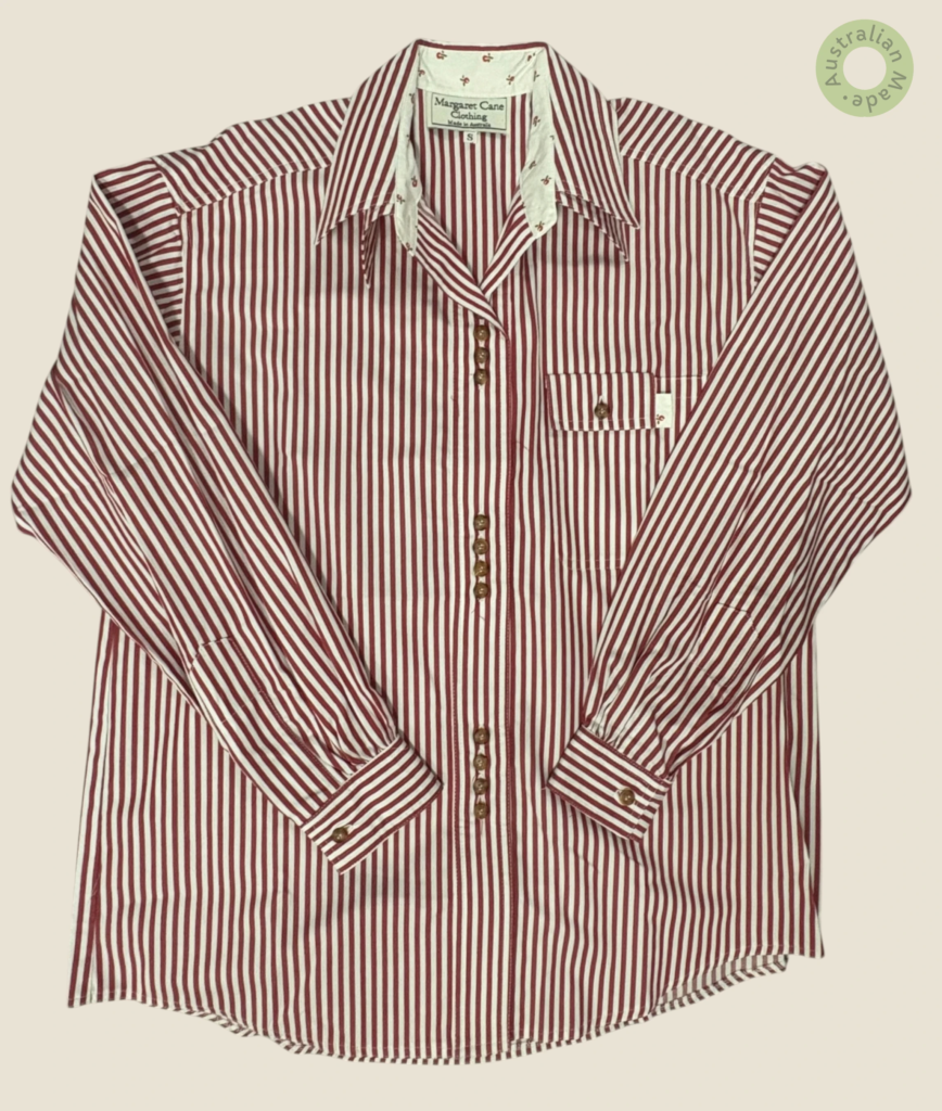 #130 – Burgundy and white vertical striped shirt featuring a contrast white inner colla