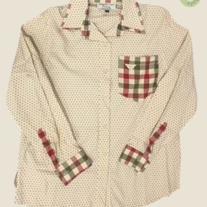 #131 – Cream base shirt with an all-over sage green polka dot print. Complemented by co