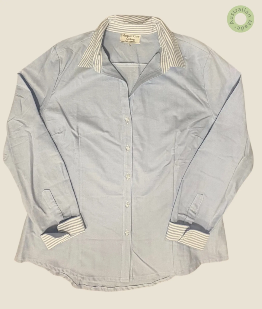 #501 – Solid light blue base shirt featuring a contrast light blue and white horizontal