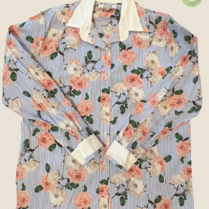#213 – Blue and white vertical micro-striped base shirt featuring an all-over oversized