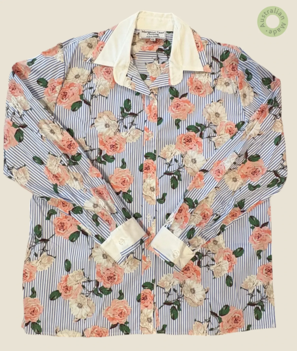 #213 – Blue and white vertical micro-striped base shirt featuring an all-over oversized