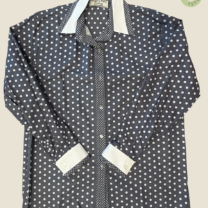 #215 – Charcoal grey base shirt with an all-over white polka dot print, featuring a con