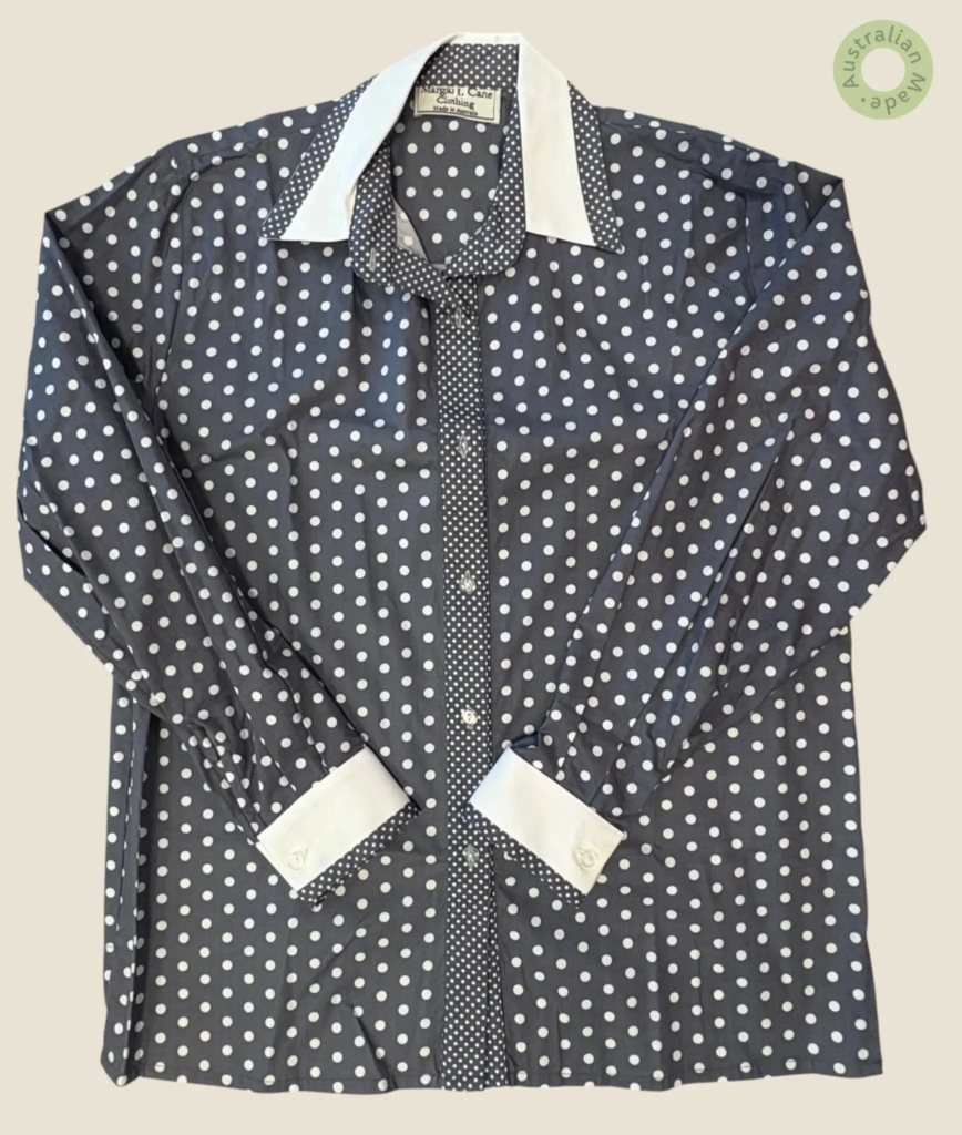 #215 – Charcoal grey base shirt with an all-over white polka dot print, featuring a con