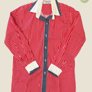 #216 – Bright red and white vertical striped shirt featuring a solid white contrast col