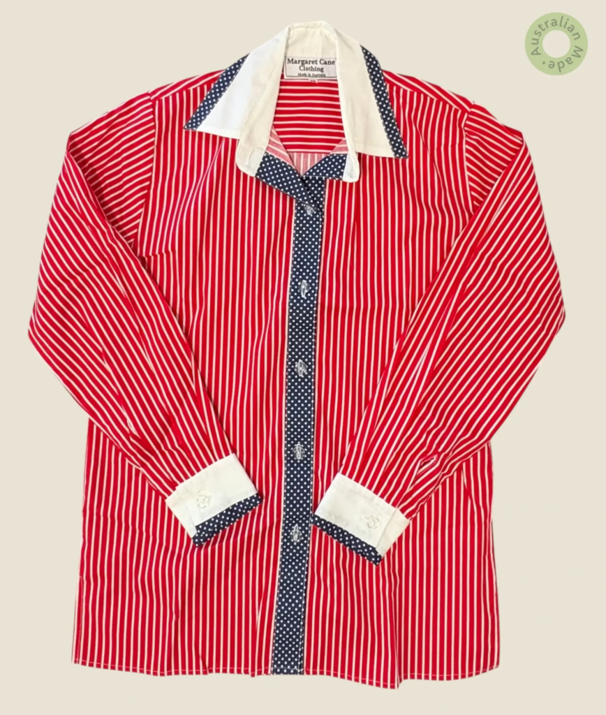 #216 – Bright red and white vertical striped shirt featuring a solid white contrast col