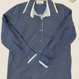 #217 – Navv blue base shirt with an all-over white polka dot print. Complemented by a c