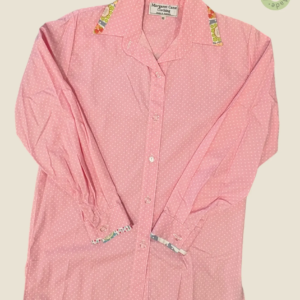 #218 – Candy pink base shirt featuring an all-over white micro-dot print. The design is
