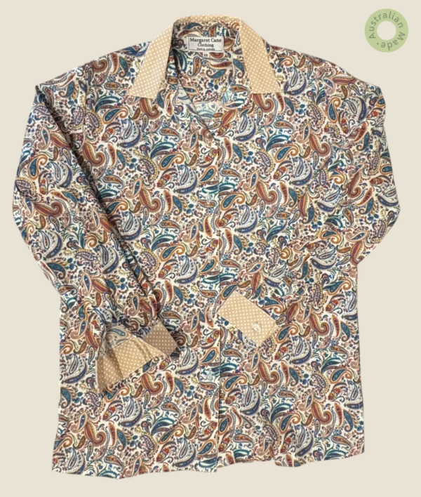 #219 – Multi-coloured Paisley Print Shirt (teal, terracotta, navy, and gold on a cream