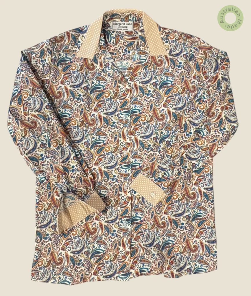 #219 – Multi-coloured Paisley Print Shirt (teal, terracotta, navy, and gold on a cream