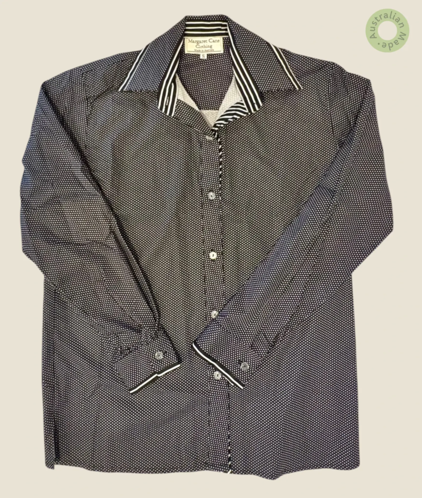 #220 – Black base shirt with an all-over white microdot print. This design is highlight