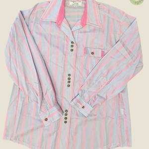 #107 – SKye blue base with baby pink vertical stripes. Complemented by contrast Magenta