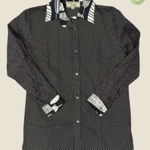 #402 – A classic black base shirt with an all-over white micro-dot print. The design fe