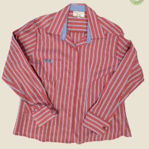 #551 – Terracota Red with thin vertical light blue and White stripes. Light blue fabric