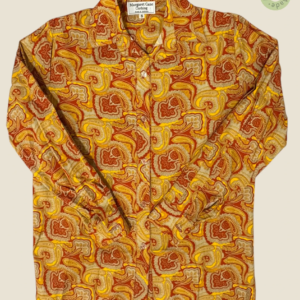 #108 – Rusty red base with paisley pints in beige, yellow and ochre for the whole shirt