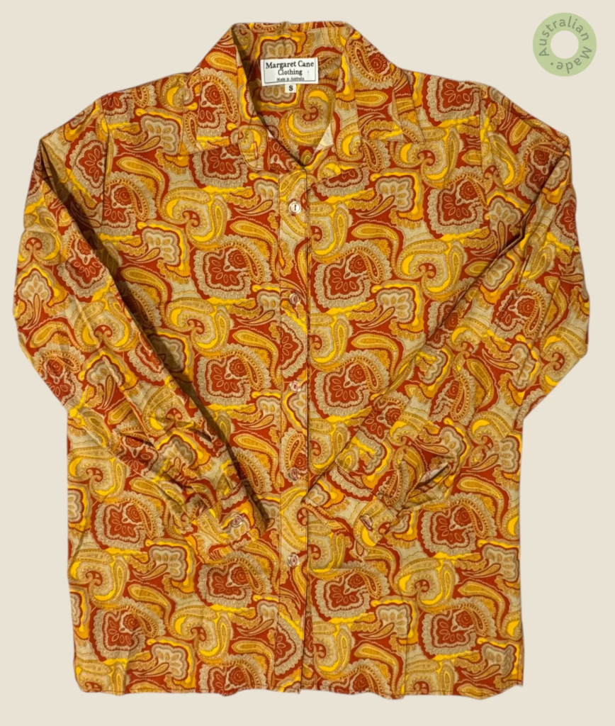 #108 – Rusty red base with paisley pints in beige, yellow and ochre for the whole shirt