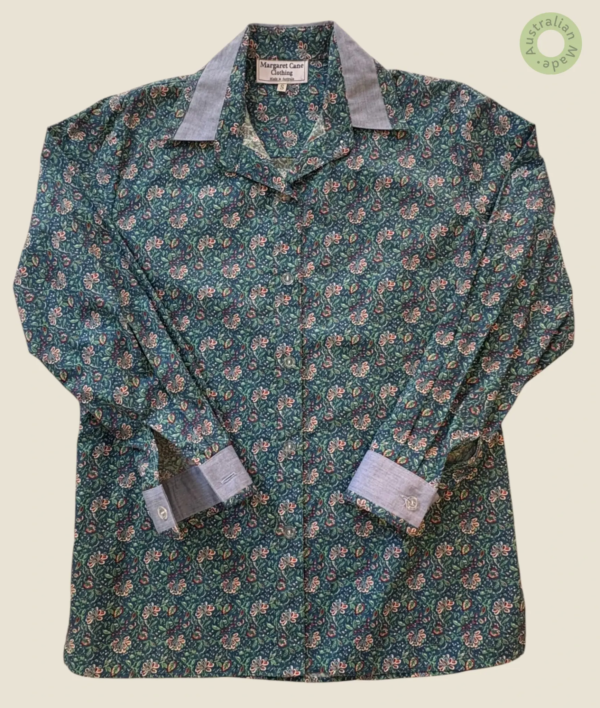 #222 – A dense, vintage-inspired botanical print on a deep teal-green base. The pattern