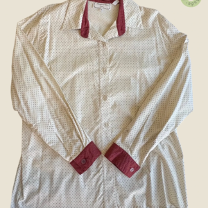 #408 – Cream base featuring a uniform maroon polka-dot print. The design is elevated by